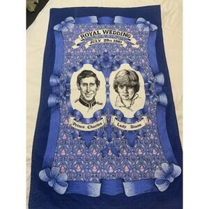 Vtg Royal Wedding Tea Towel Charles And Diana 1981 Blue Signed by Clive Mayor
